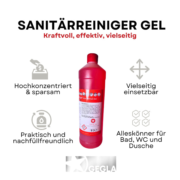 GeGla Sanitärreiniger Gel 1 Liter in Rot hochkonzentriert & sparsam, vielseitig einsetzbar, praktisch und nachfüllbar, Alleskönner für Bad, WC, Dusche und Badezimmer.