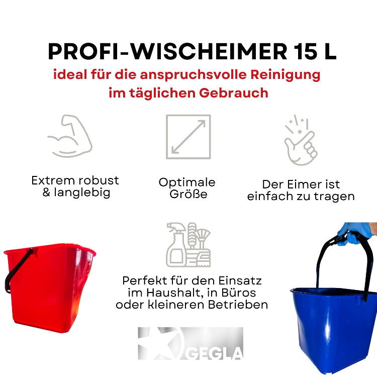 Profi-Wischeimer 15 Liter in Rot und Blau mit allen Vorteilen aufgelistet.  Ideal für die Anspruchsvolle Reinigung im täglichen Gebrauch. Extrem robust & langlebig. Optimale Größe. Perfekt für den Einsatz im Haushalt, Büro oder kleinen Betrieben. Einfach zu tragen.