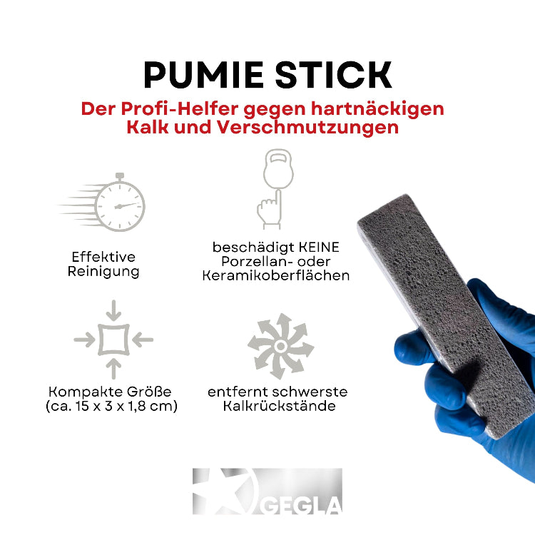 Pumie Stick  Der Profi-Helfer gegen hartnäckigen Kalkund Verschmutzungen. Dieser ist rechts abgebildet und links davon sind die Vorteile aufgelistet. Effektive Reinigung, beschädigt keine Porzelan- oder Keramikoberflächen, kompakte Größe 15cm x 3cm x 1,8cm und entfernt schwerste Kalkrückstände.